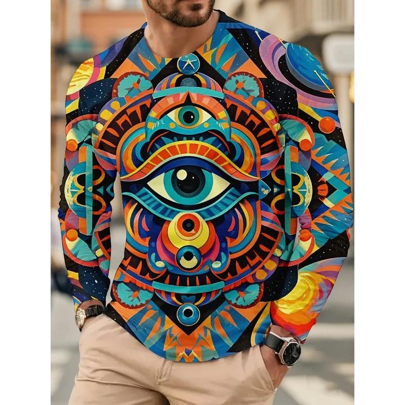 Fashion Men's Crew Neck Long Sleeve 3D Color Printing Summer Casual Long Sleeve Crew Neck T-Shirt