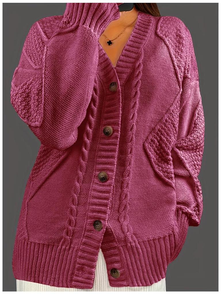 Women's Solid Color V-Neck Long Sleeve Cable Knit Cardigan Sweater Coat