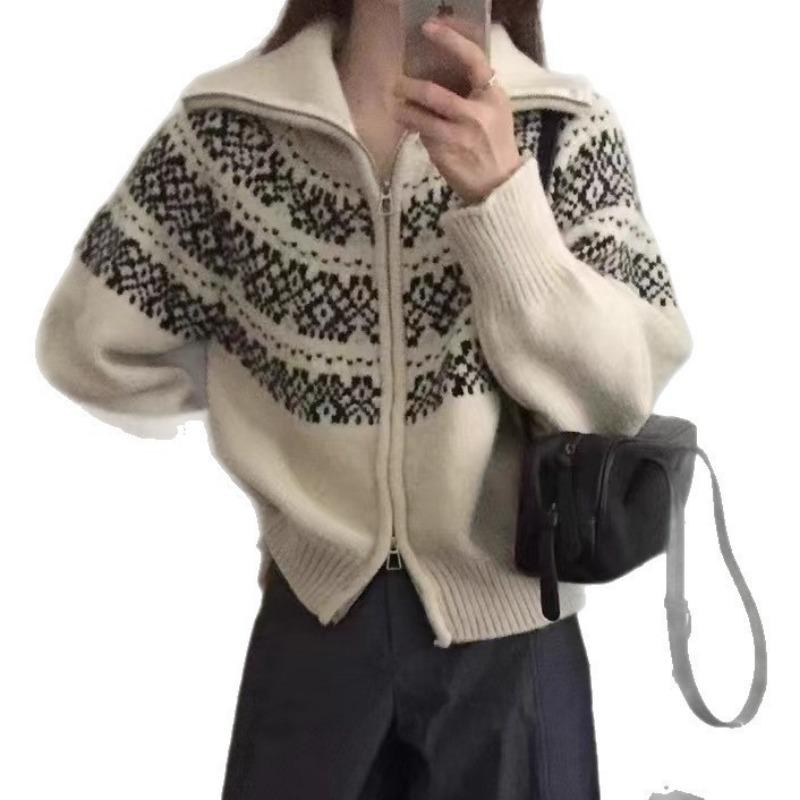 Jacquard Zipper Short Knitted Women's Cardigan Autumn and Winter New Fair Island Sweater Christmas Vintage Jacket