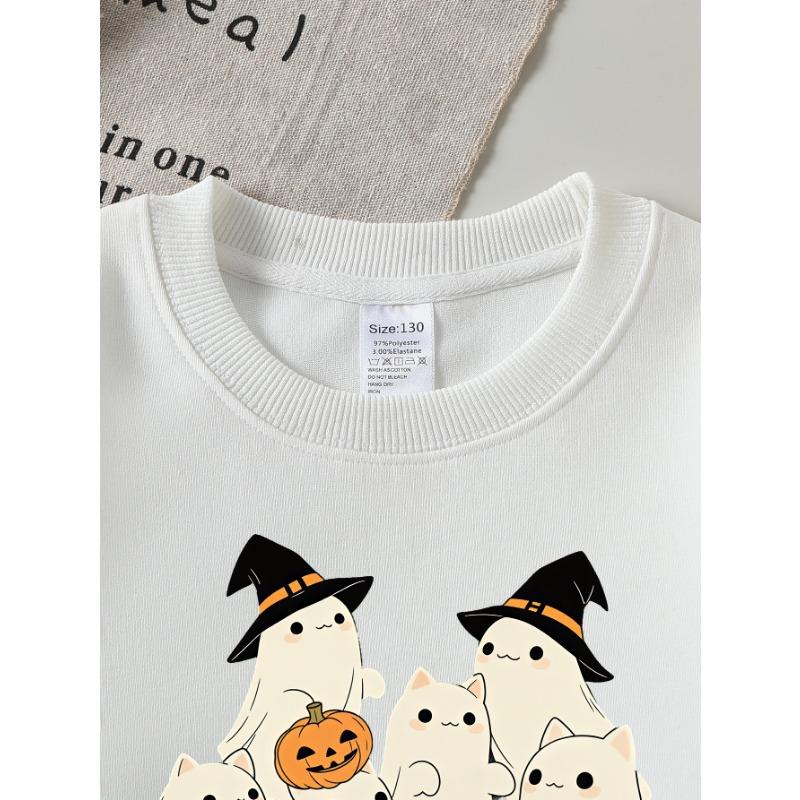 European Sizes Girls' Halloween Long-Sleeve Round-Neck Fun Print Casual Top, Kids' Autumn Clothing, for Trick-Or-Treat Parties.
