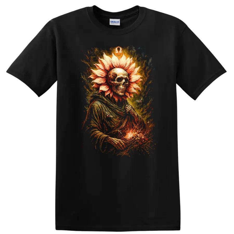 Skull Flower T Shirt Mystic Reaper with Fire and Nature Elements Tee