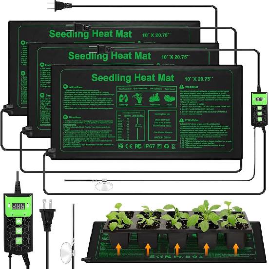 Honoson 3 Pack Seedling Heat Mat with Digital Thermostat Control, Waterproof Durable Plant Heating Pad for Seed Starting, Warm Hydroponic Heating Mat
