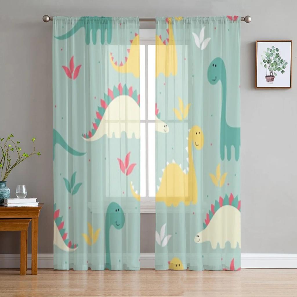 Animal Green Dinosaur Plant Tulle Sheer Window Curtains for Living Room Kitchen Children Bedroom Voile Hanging Curtain