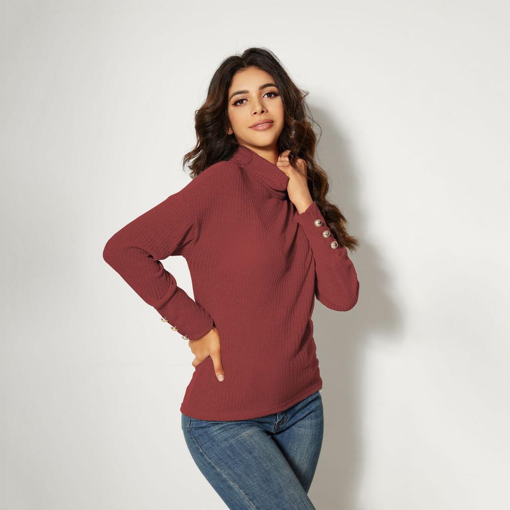 Women's Elegant High Neck Knitted Long Sleeve T-Shirt
