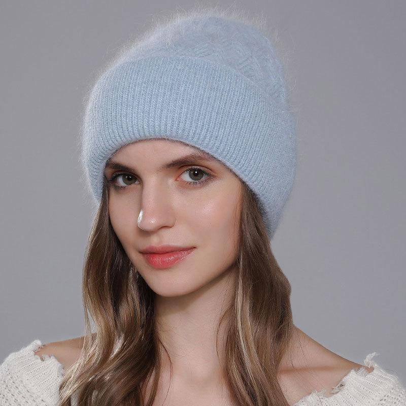 Women's Winter Angora Rabbit Hair Knitted Fried Dough Twist Double Flanging Warm Versatile Wool Hat