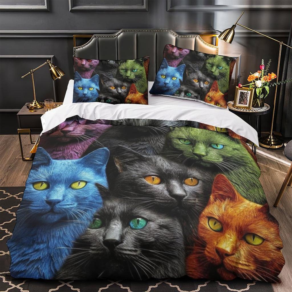 3D Digital Printing Color Cat Series Quilt Cover Pillowcase Two Or Three-Piece Set Polyester Abraded