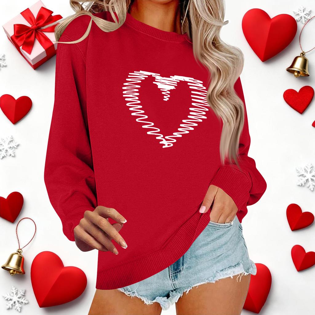 Haut décontracté à col rond et manches longues pour femme avec imprimé pour la Saint-Valentin
