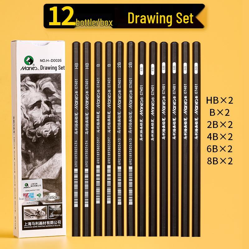 Mali Student Sketching & Drawing Pencil Set: Includes 2B, 4B, 14B soft, medium, hard, and charcoal pencils ideal for art exams.