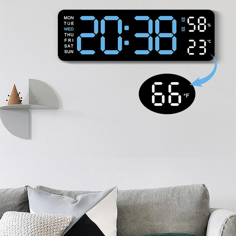 Multifunctional LED Wall Clock with Temperature Display Adjustment Brightness and 2 Alarms 12/24 Hour Memory Function
