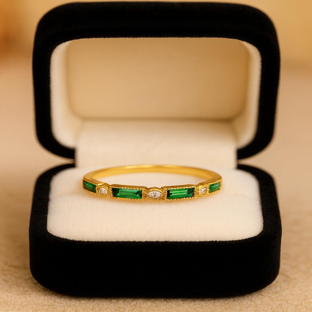 Emerald Half Eternity Band In Yellow Gold Plated – May Birthstone Ring, Emerald Wedding Band, Stacking Ring, Dainty Emerald Engagement Ring for Women