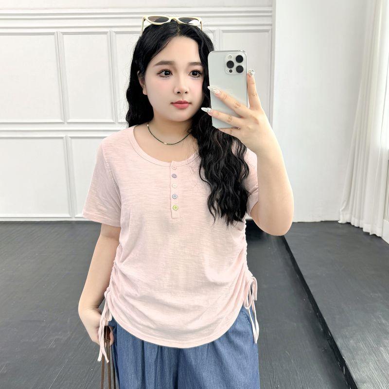 

Plus size women clothing [Korean Series Beautiful Chic T] Slub Cotton Summer Dopamine Color Buckle Side Drawstring Short sleeve T-shirt Sakura pollen 7xl