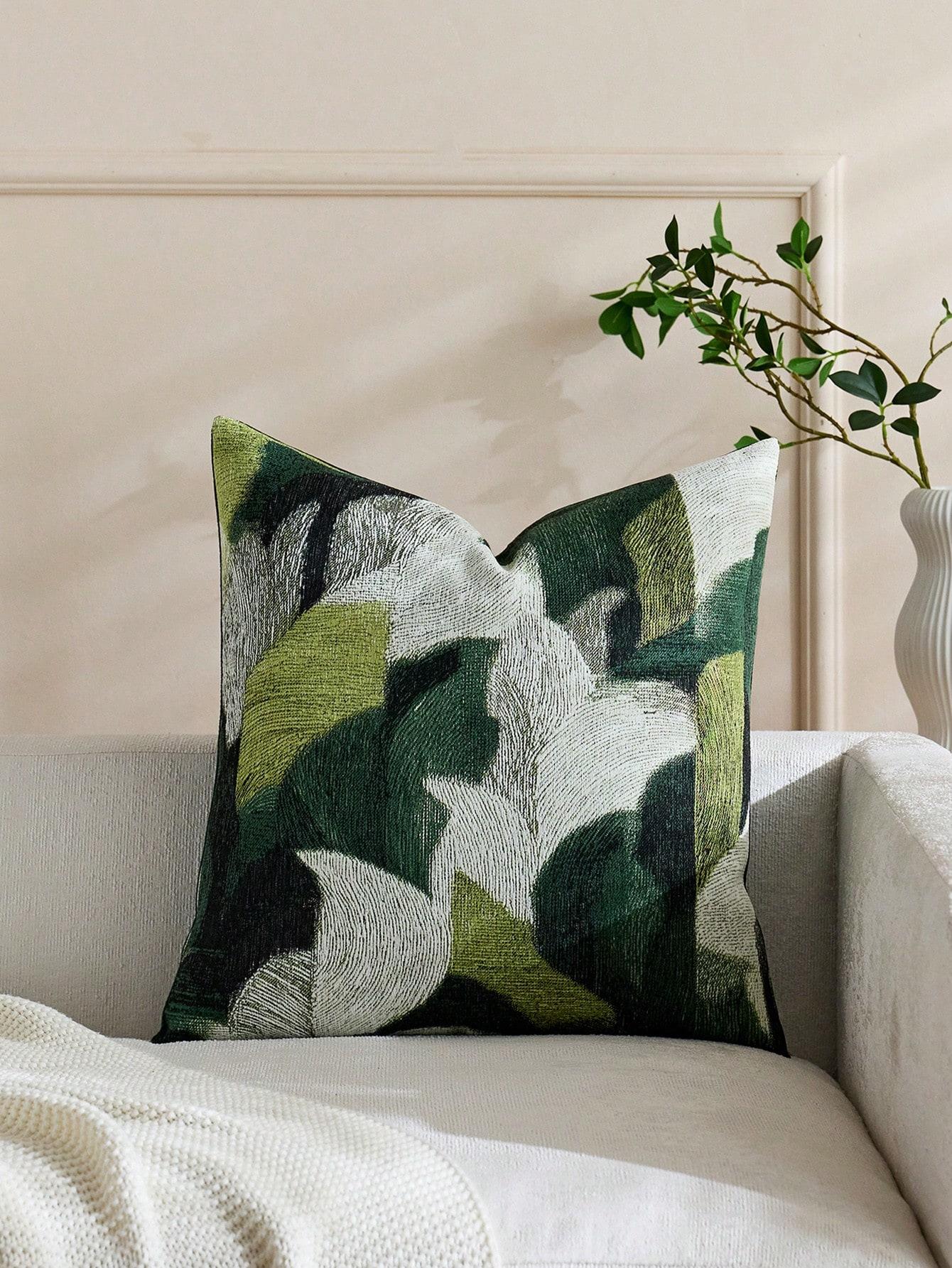 Panika Chen Unisex Green 1Pc Wabi-Sabi Abstract Pillow Cover, Polyester 2D Double-Sided Print, Textured Leaf Pattern Design, Luxury Home Accent