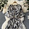Vintage Elegant V Neck Split Print Short Sleeve Dress Chic Slim A Line Vestidos Summer Vacation Party Women Fashion Dresses