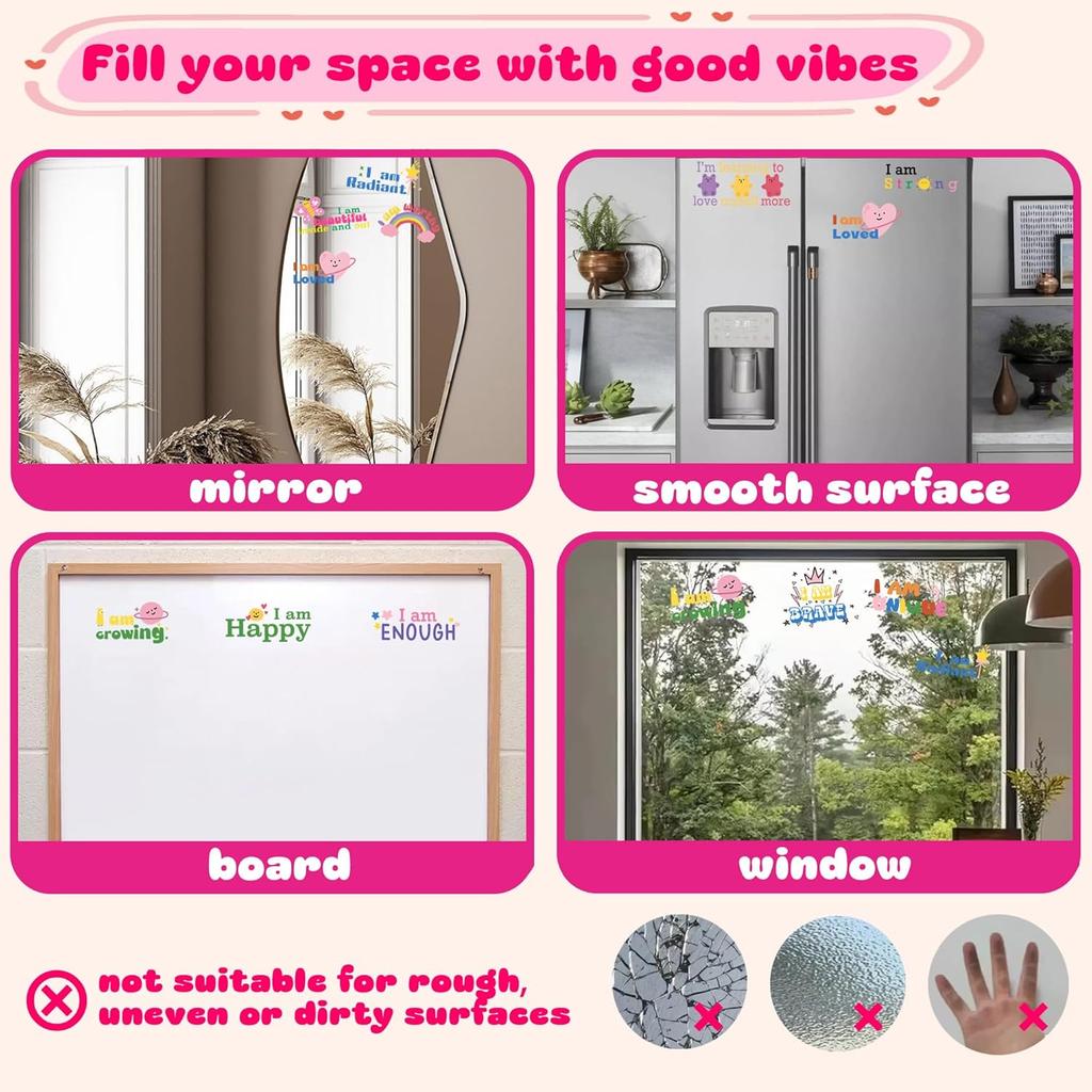 11 Positive Affirmation Mirror Stickers | Reble Static Decals with Motivational Quotes | Teen Girl Gift for Pirational Bathroom Mirror & Window Decor