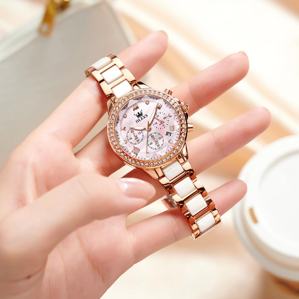 OLEVS Women's Watch Quartz Japanese Movement Multifunction 60-Minute Chronograph 12-Hour Subdial Date Luminous 30m Waterproof Stainless Steel Ceramic