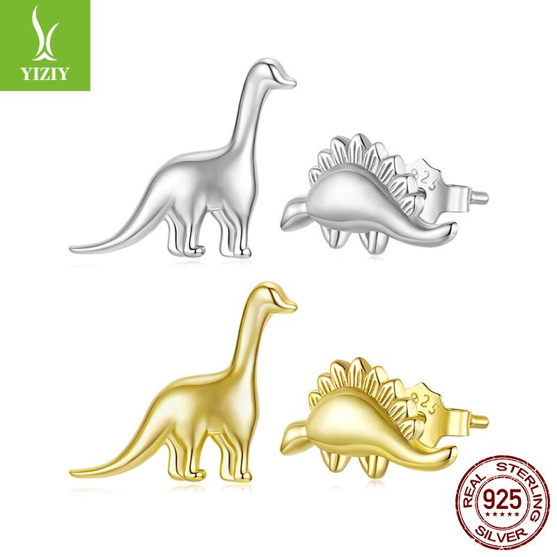 S925 Sterling Silver Asymmetric Dinosaur Stud Earrings Personalized Animal Plain Silver Stud Earrings For Men And Women
