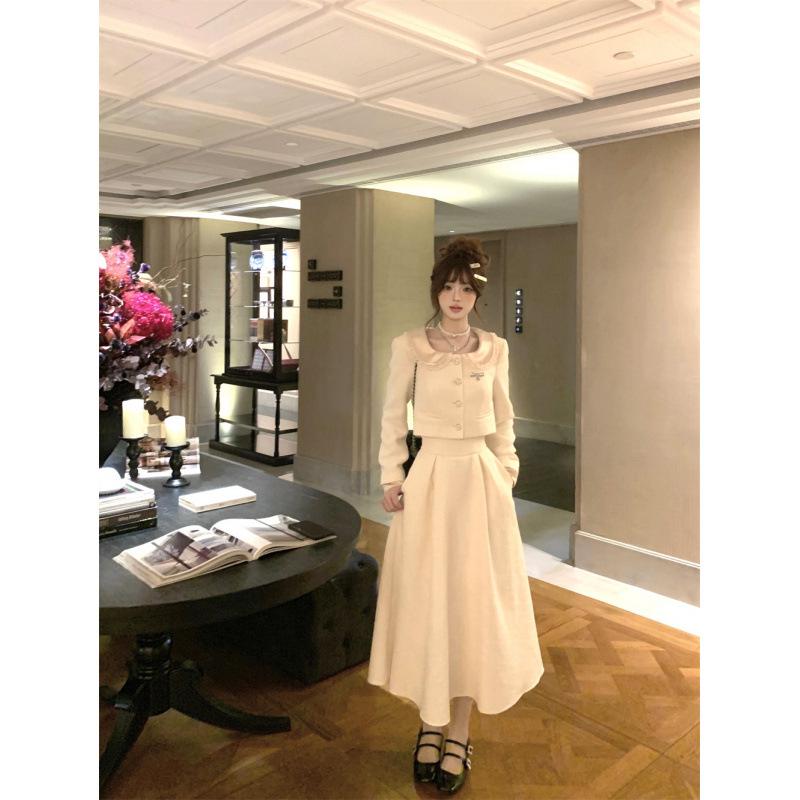 

Women s Autumn Lace Trim Jacket & High Waist Midi Skirt Set S