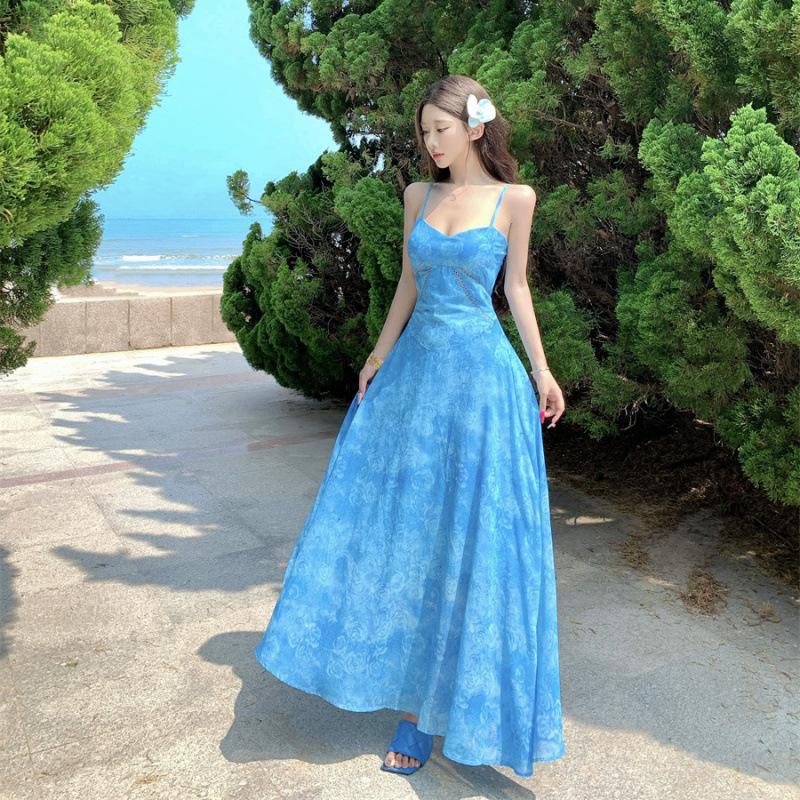 Holiday style blue suspender dress women's summer new waist and thin A-shaped dress