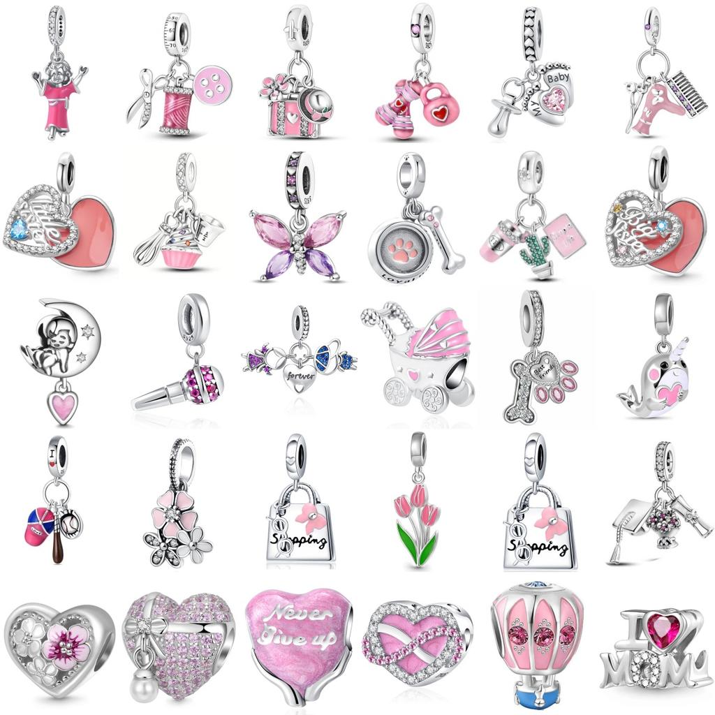 925 Pure Silver Pink Series Father Butterfly Bag Flower Charm Fit for Original Bracelet DIY Women's Exquisite Jewelry