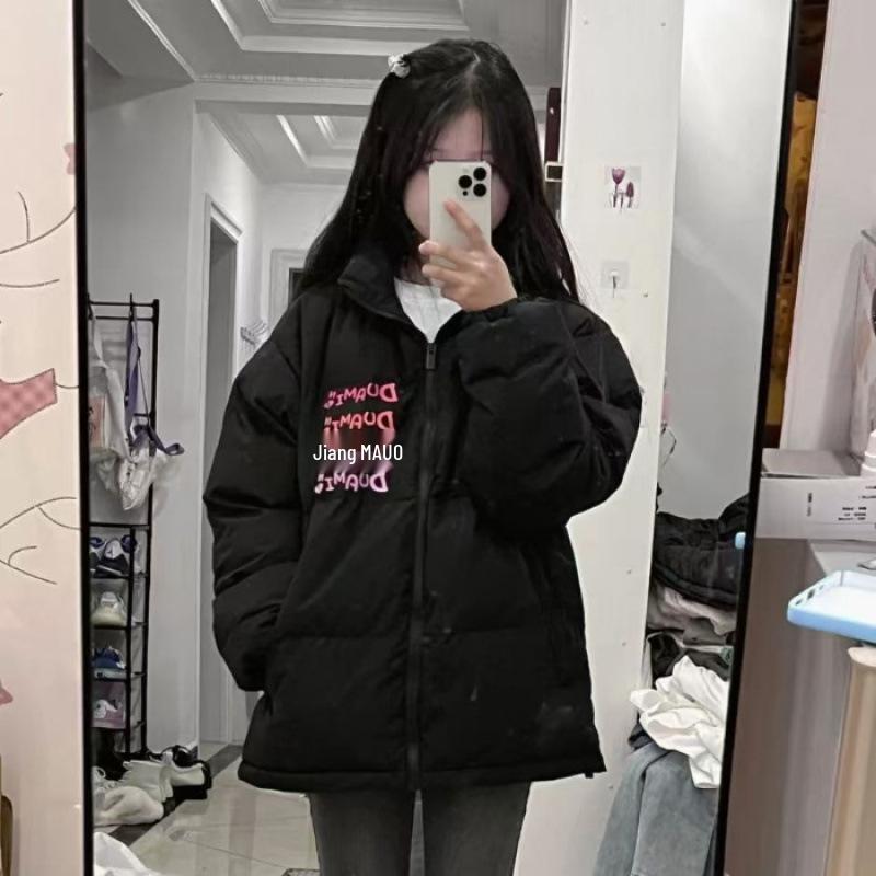 

Korean College Style Black Letter Print Stand Collar Cotton Winter Jacket S чорний