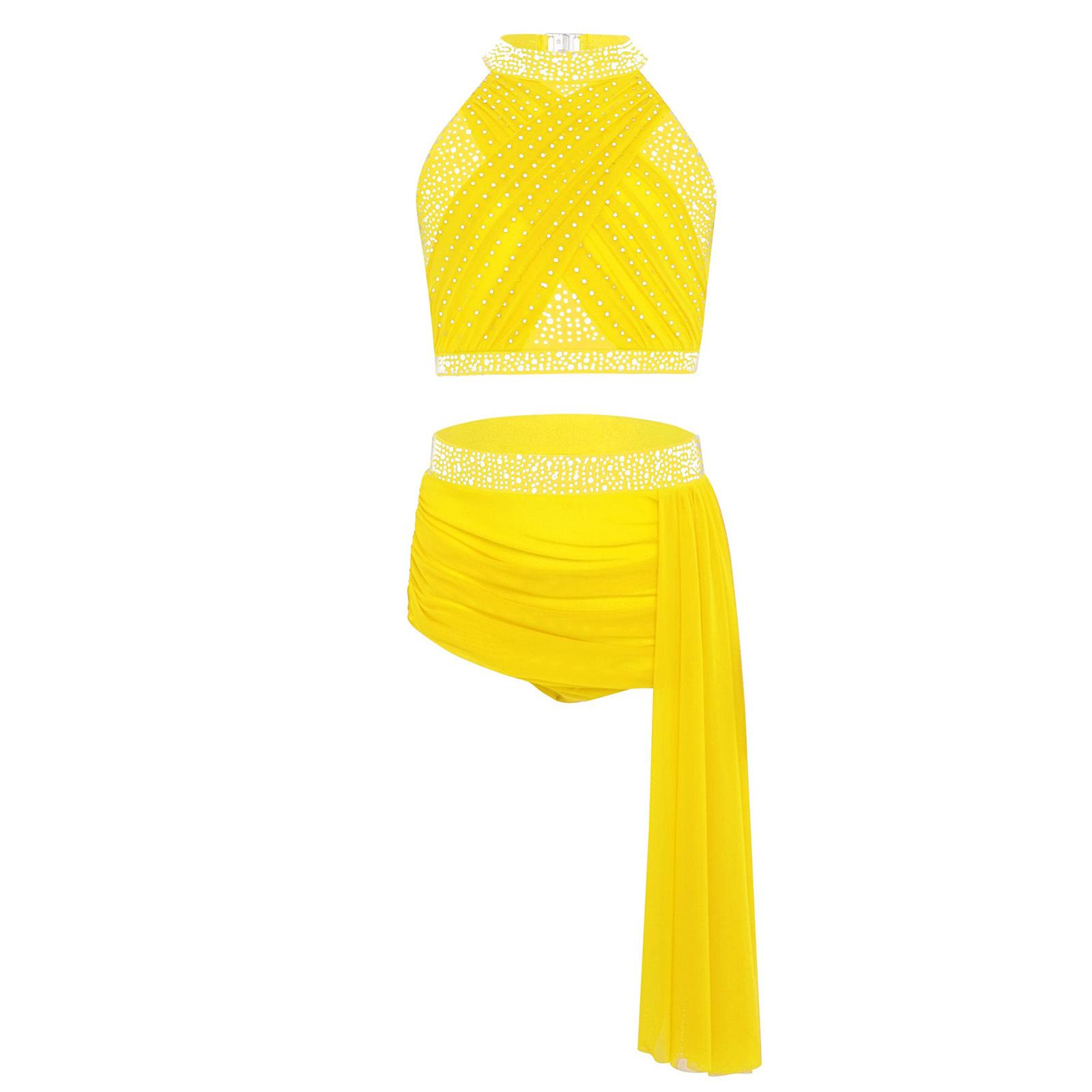 

Girls Two Piece Dance Costume Shiny Rhinestones Halter Crop Top and Strappy Back Mesh Overlay Skirt 5-6 Years жовтий