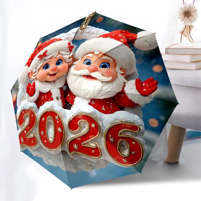 

1pc 2026 Festive Santa Claus Christmas Ornament Decoration, Automatic Opening Umbrella, Portable Folding Design, 8-Bone Iron Frame Outdoor Umbrella, I