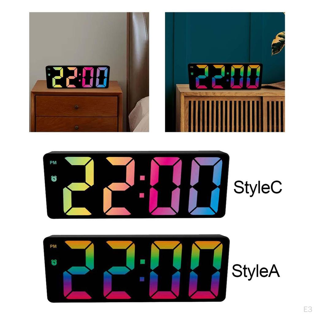 Colorful Big Screen Electronic Clock with Snooze Battery Operated Calendar Plug Dimmer for Tabletop
