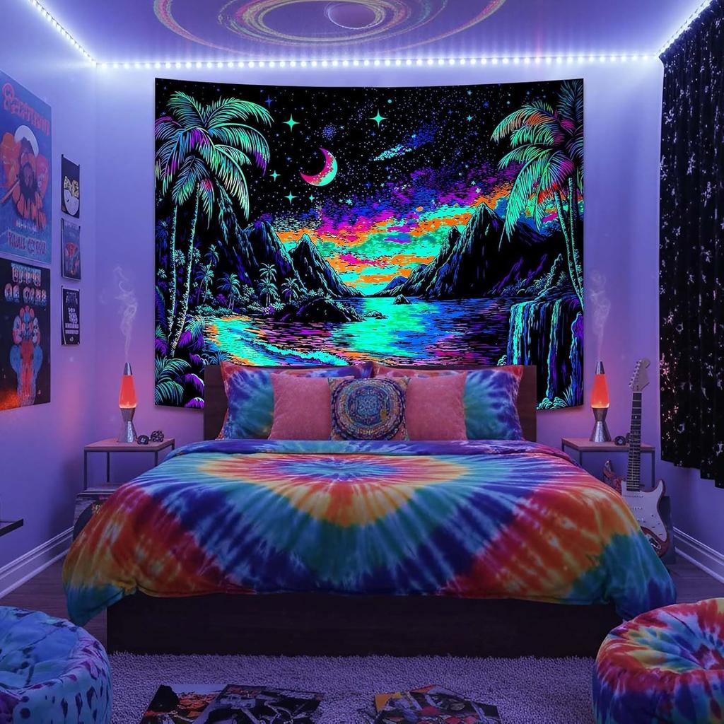 Lifeella Blacklight Landscape Tapestry, Glow in the dark UV Reactive Beach Lake Wall Decor, Aesthetic Palm Tree Art for Bedroom Living Room, 36x48