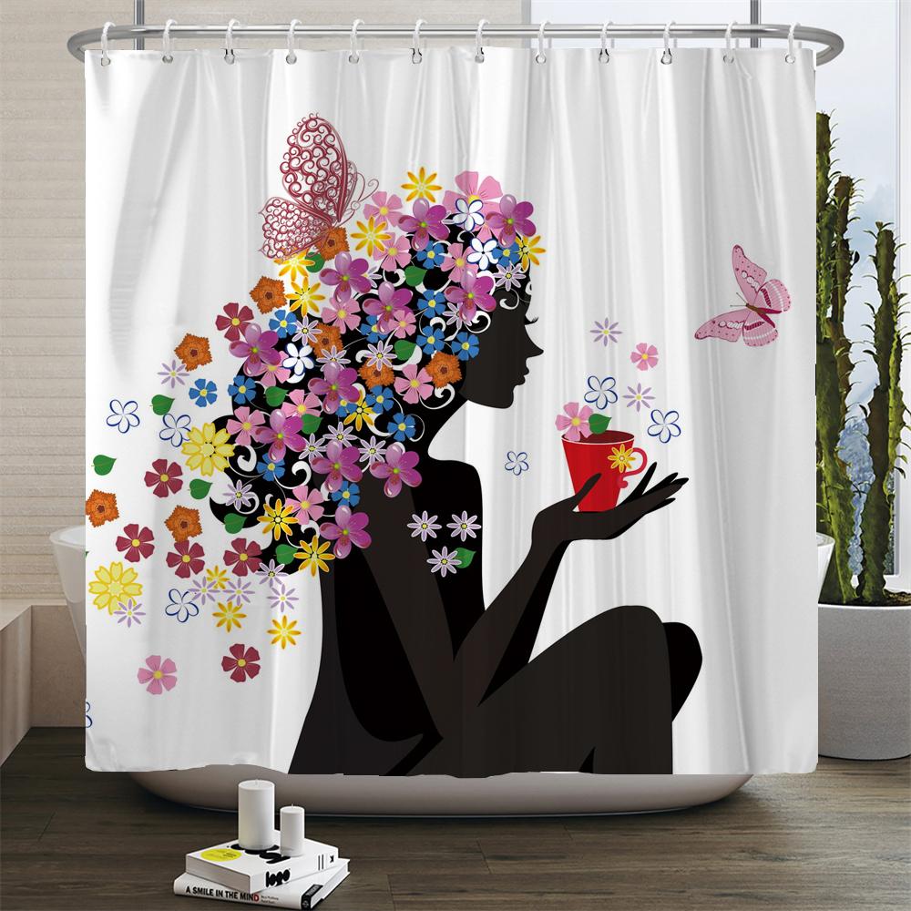 Butterfly Flower Girl Bathroom Curtain Polyester Waterproof Fabric Shower Curtain Valentine's Day Heart Pattern Bathtub Screen