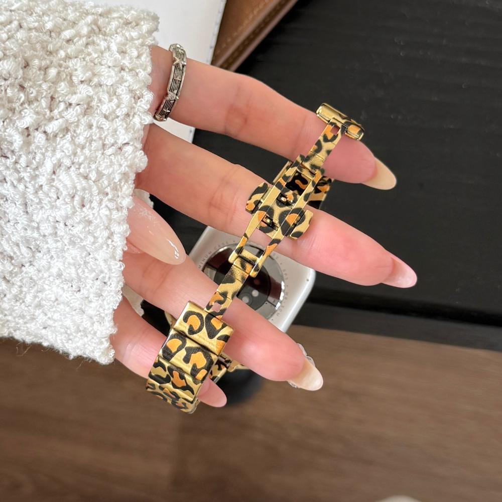 Luxury Leopard Print Resin Metal Strap For Apple Watch Ultra3 Band 49mm Slim Strap for iWatch Series 11 10 9 8 SE3 38/40/41/42/44/45/46 Woman Bracelet