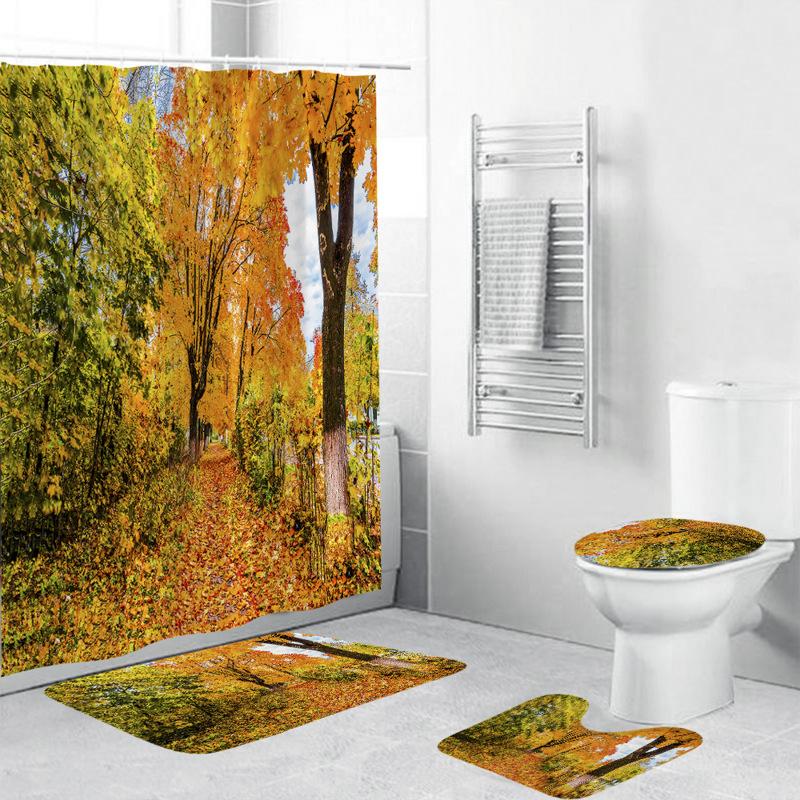 Forest Leaves Trail Waterproof Bathing Shower Curtain Set With 12 Hooks Toilet Covers Bath Mat For Bathroom Non-Slip Rug Carpet