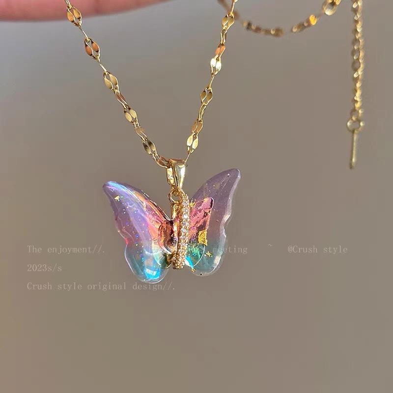 Color Butterfly Pendant Collarbone Chain Women's High-end Design Sense Trendy Fashion Personalized Accessories Light Luxury High-end Necklace Women