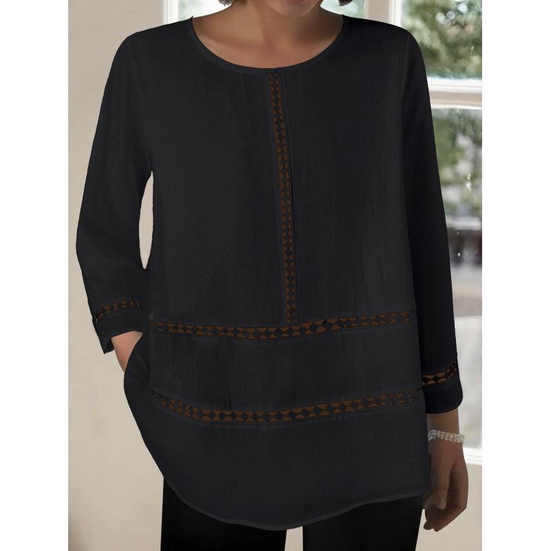 2025 Women's Semi-Transparent Solid Color Round Neck Hollow Long Sleeve Loose Cotton Shirt - Middle Eastern Style