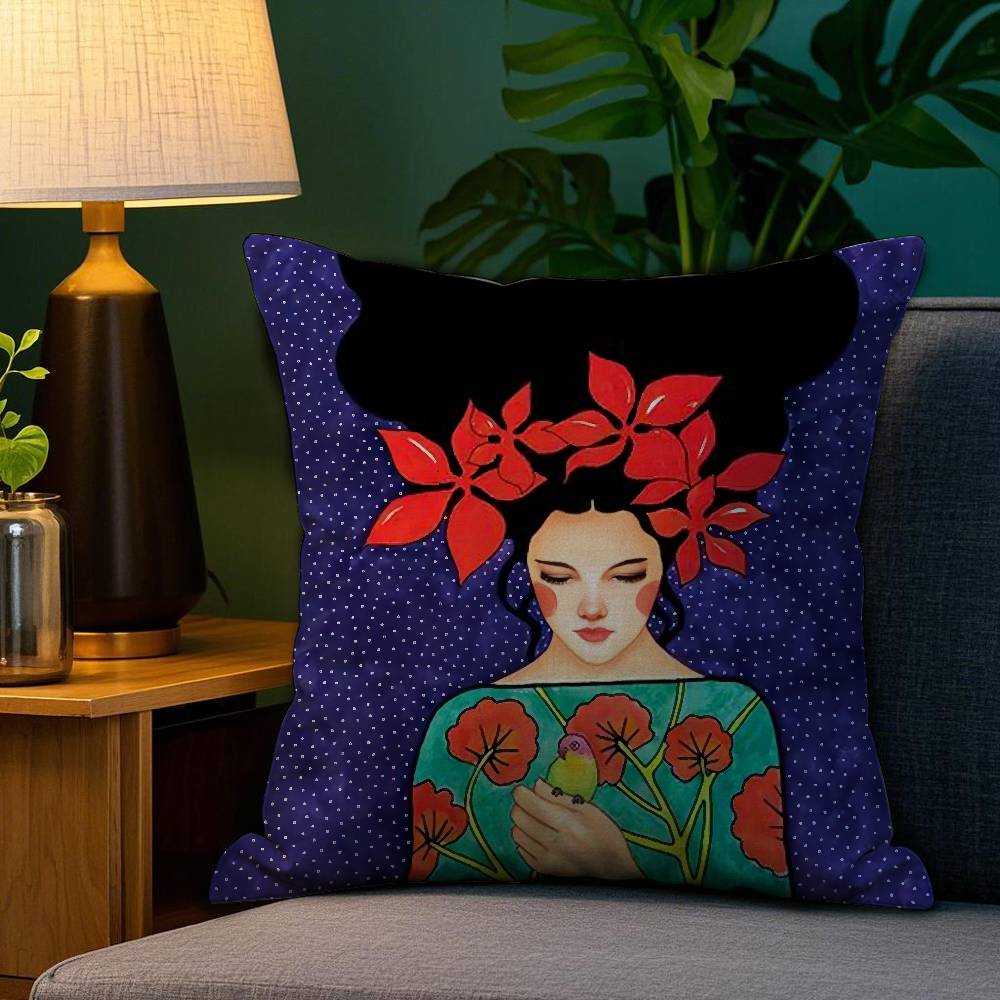 1 Stück Vintage Abstraktes Mädchen Blumen im Haar Kissenbezug Plüschstoff Weich Beidseitiger Druck Sofakissenbezug Dekokissenbezüge