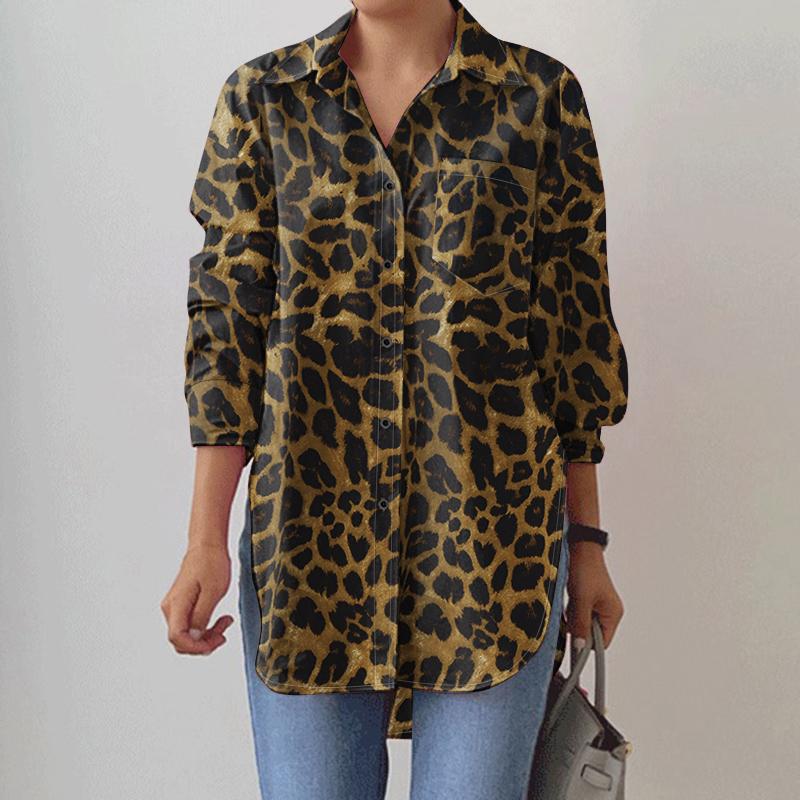 

ZANZEA Женская свободная повседневная блузка с длинным рукавом и леопардовым принтом 5XL хаки