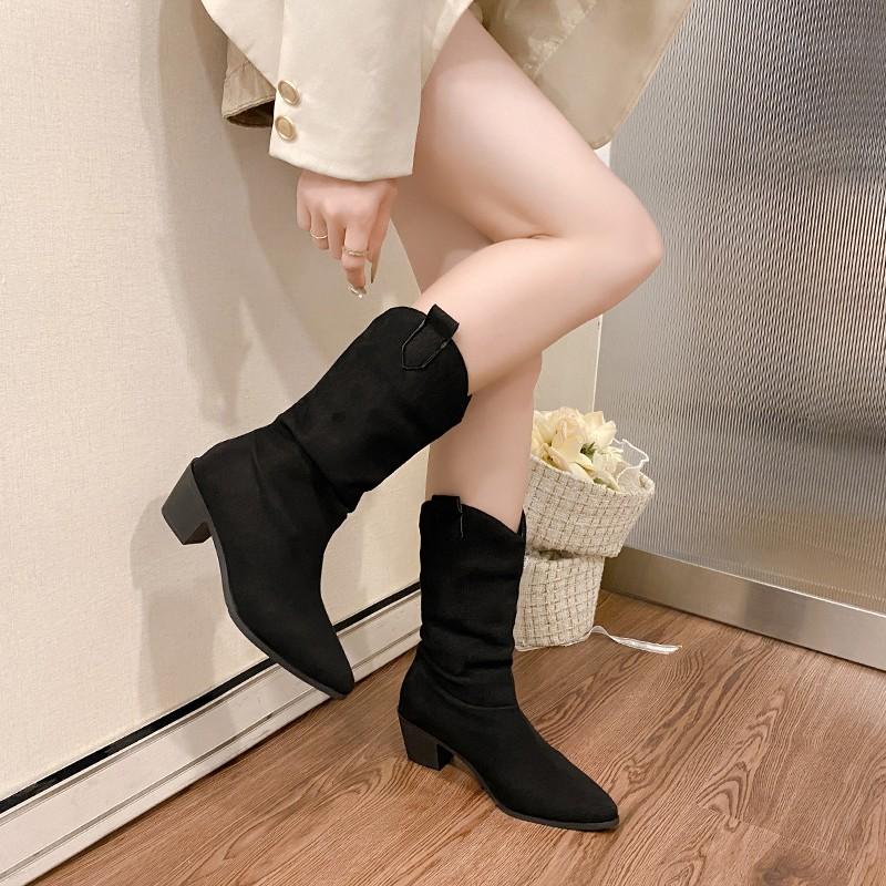 New Style High Heels Mid Calf Pleated Boots for Women Autumn Winter Brown Leather Western Boots Woman Thick Heeled Cowgirl Boots