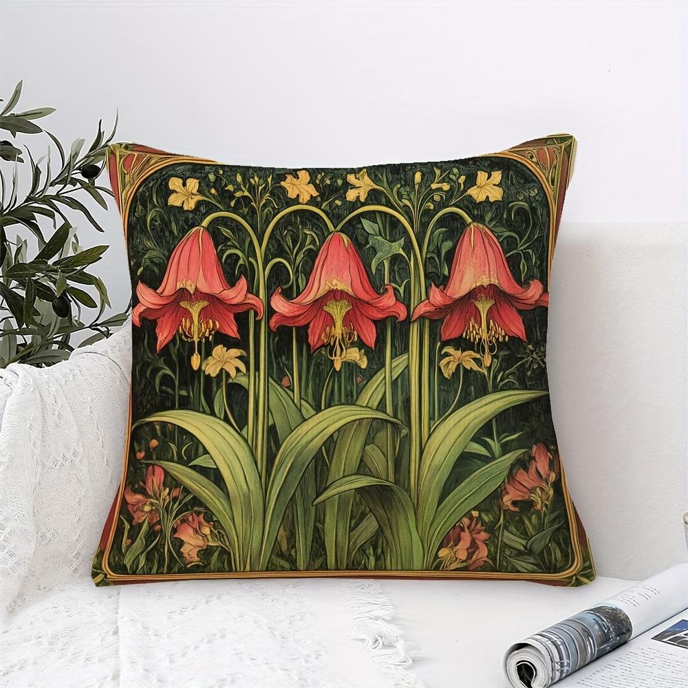 Panika Chen Unisex Red 1Pc Art Nouveau Botanical Pillow Cover, Polyester 2D Double-Sided Print, Ornate Victorian Lily & Foliage Design, Vintage Dec