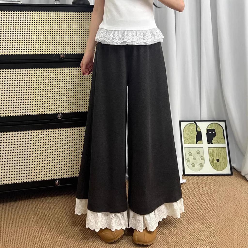 Plus Size Women's Elastic Waist Lace Ruffle Skirt Pants - Slimming, Loose, Wide-Leg, Versatile Fashion.