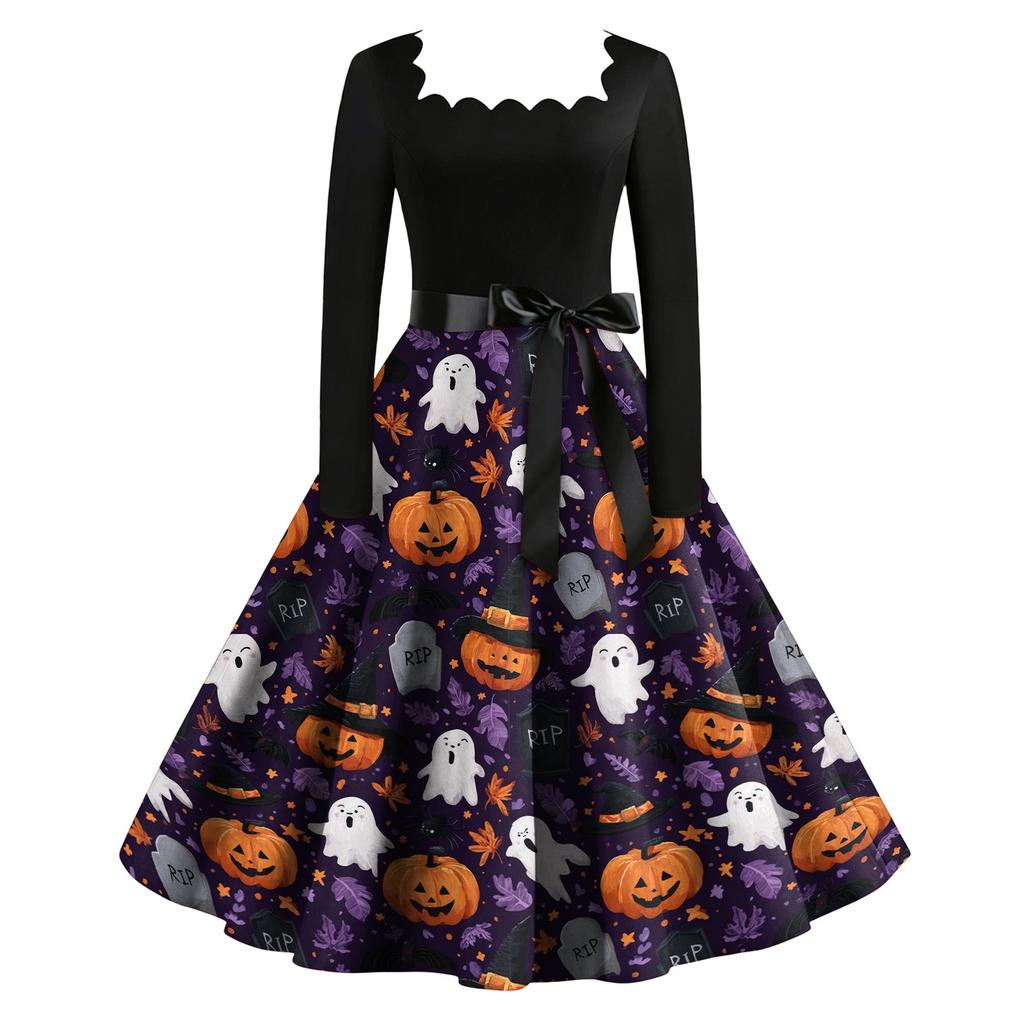 Women's Vintage Long Sleeve Square Neck Party Dress Halloween Printed Full Skirt Midi Dress with Waist Tie Belt Retro Style