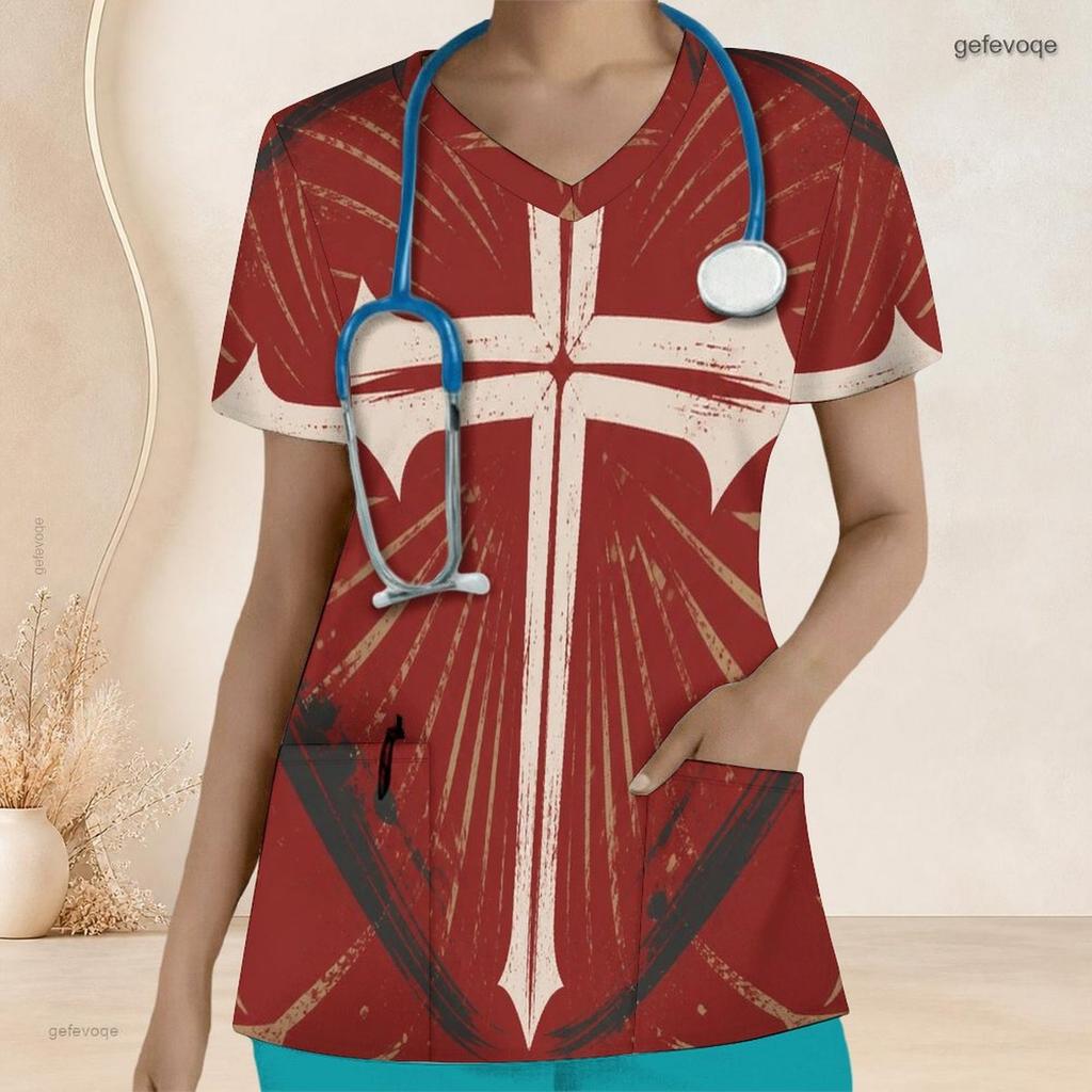 Women Plus Size V Neck Short Sleeve Printed Nurse Scrub Top With Front Pockets