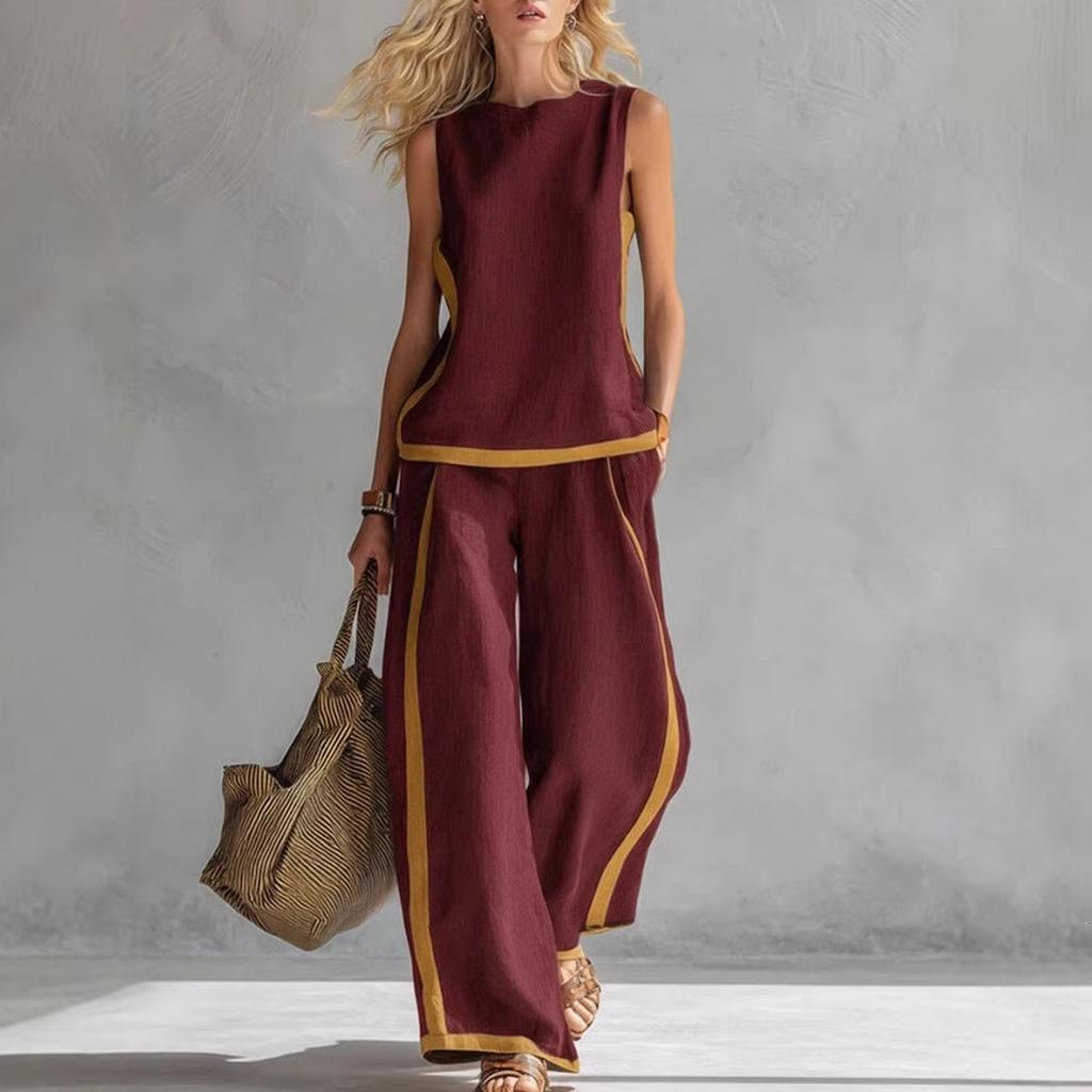 New Women's Sleeveless Color Block Wide Leg Pants 2-Piece Set, Summer Casual Fashion Outfit For European American
