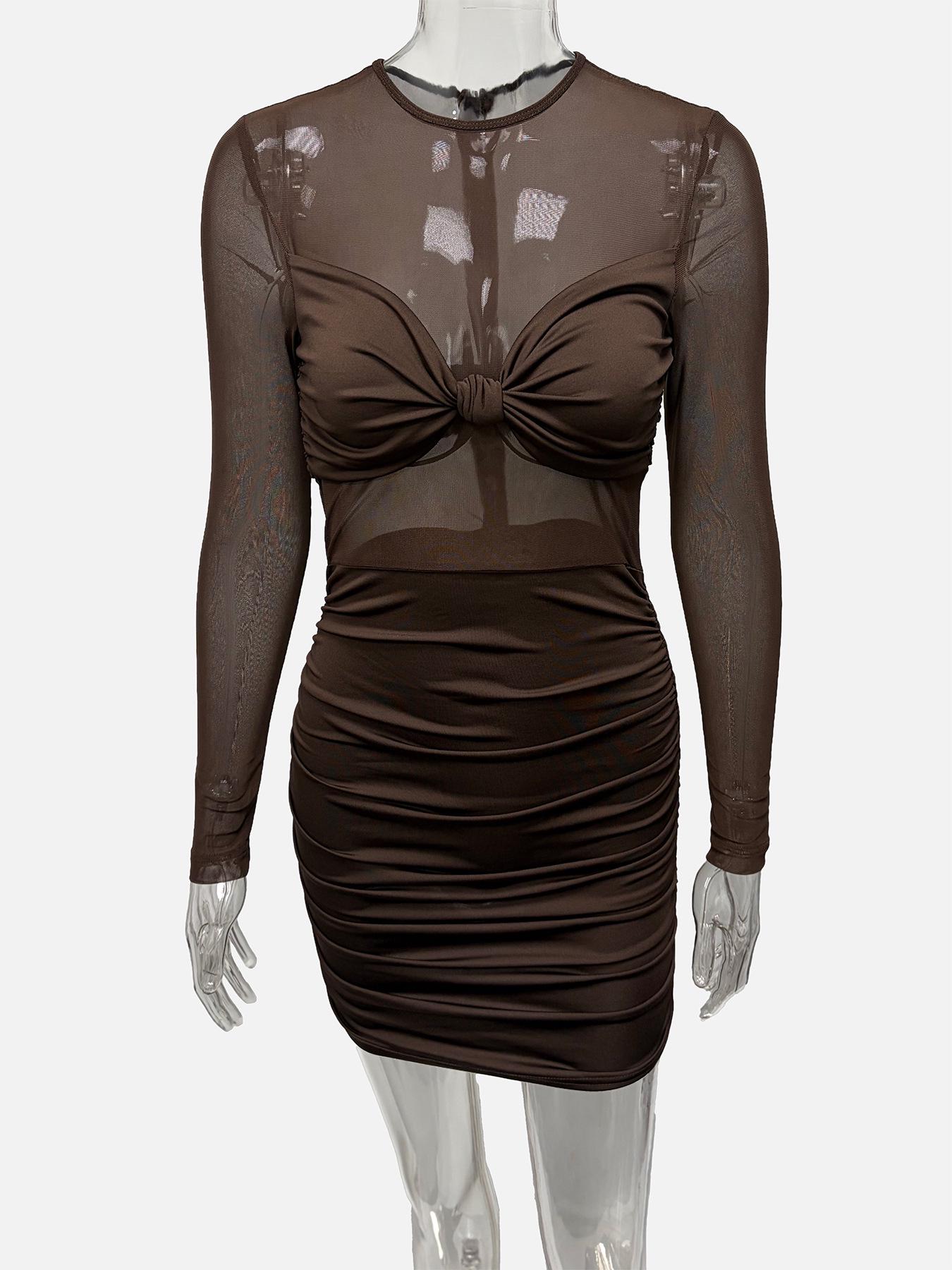 

2025 European Style Autumn/Winter Women s See-Through Mesh Spliced Twisted Bustier Dress - Sexy and Stylish Large кавовий