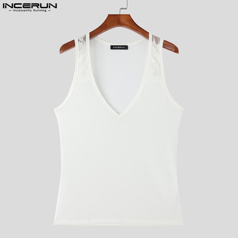 INCERUN Letní pánské tílko s V výstřihem, bez rukávů, s krajkovými ramínky, úzké, ležérní