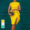  Summer New Solid Color Pleated Ruffle Edge Split Hip Wrap Professional Dress