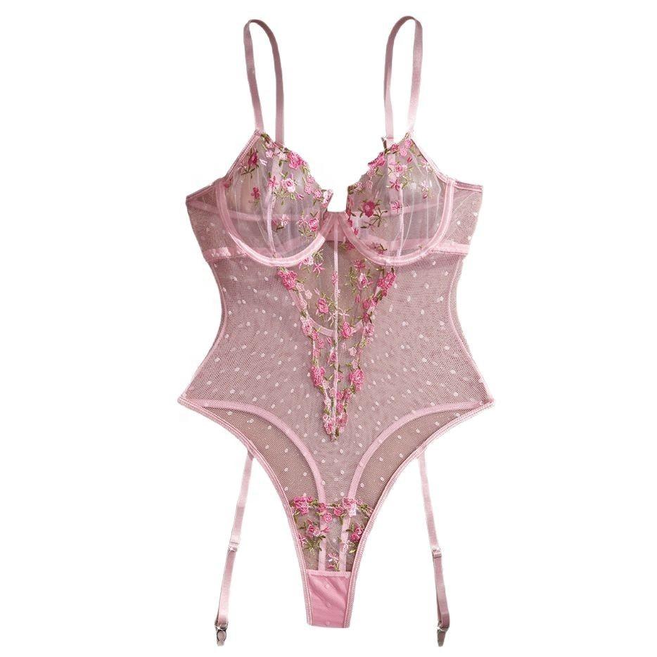 New Hot High Quality Lingerie, Sexy, Light, Transparent Lace, Floral Embroidery, Pink Pure Desire One-piece