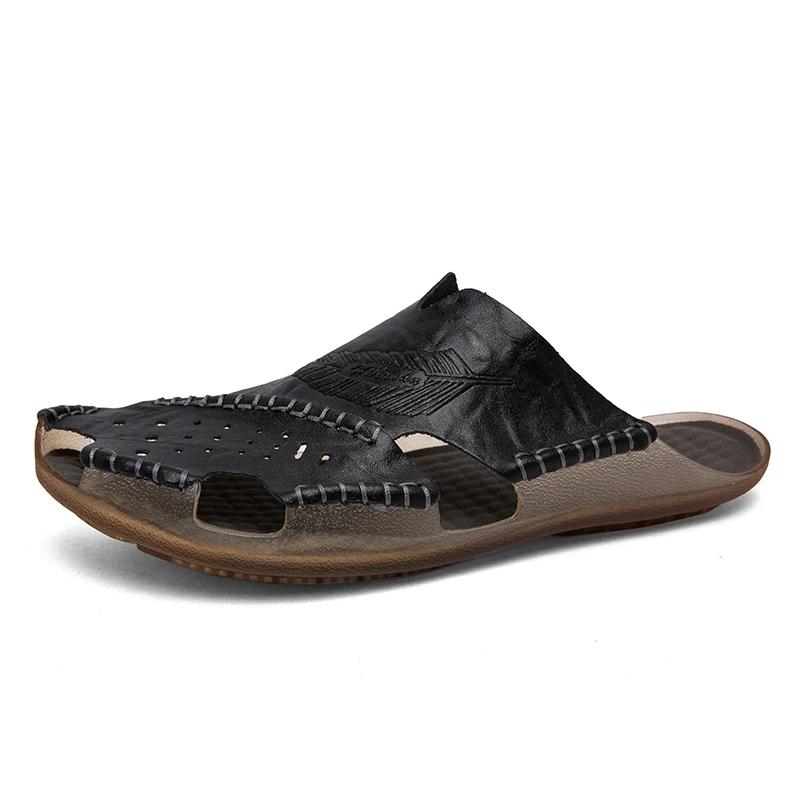 Fashion 2024 New Casual Men's Soft Slippers Comfortable Men Summer Leather Sandals Roman Summer Outdoor Beach Sandals Black