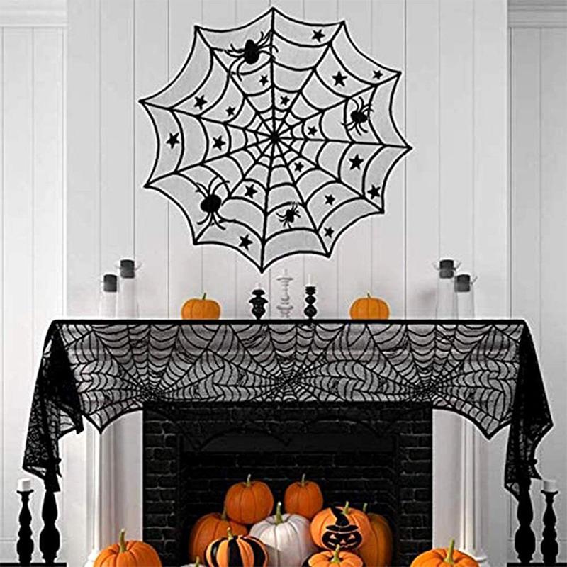Spooky Halloween Table Runner Black Lace Spider Web Design Tablecloth Fireplace Scarf Haunted House Decor Party Decoration