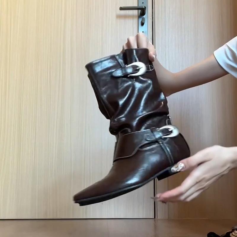 

2025 early autumn new thick heel retro western cowboy boots British style short boots belt buckle medium tube thin Martin boots women 40 коричневый