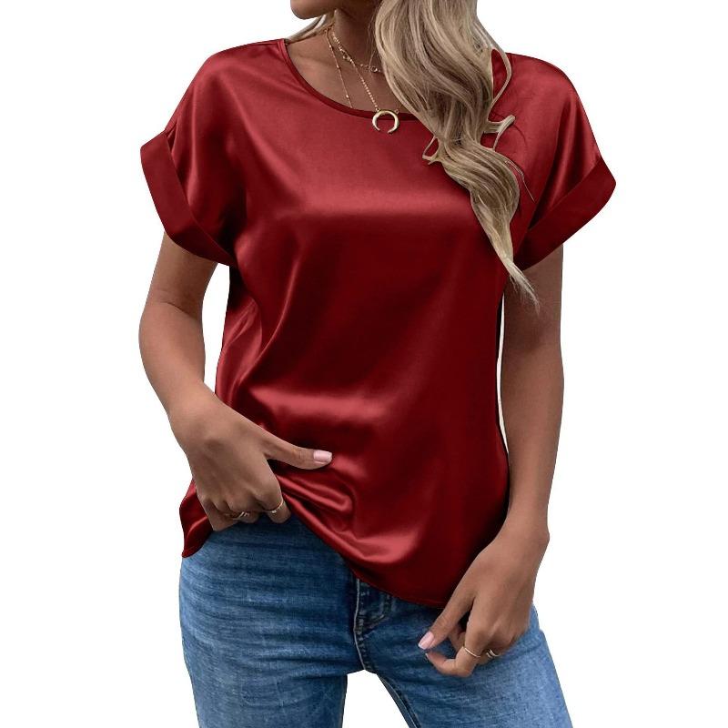 Spring and Summer New Women's Short-sleeved Satin Shirt Loose Casual Round Neck Satin T-shirt Women