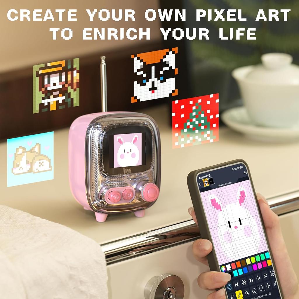 Portable Bluetooth Speaker with FM Radio, Pixel Art Retro Mini Small Cute Wireless Speaker, Vintage Decor Suitble for Party Office Desk Home Bedroom